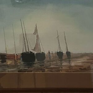 Watercolor Seaside Sailboats in vintage wood frame signed by artist 15” by 19.5”